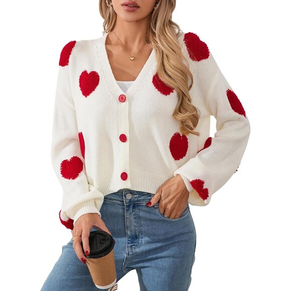 Sweaters - Women’s Cropped Heart Cardigan Lightweight V-Neck Button Spring Fall